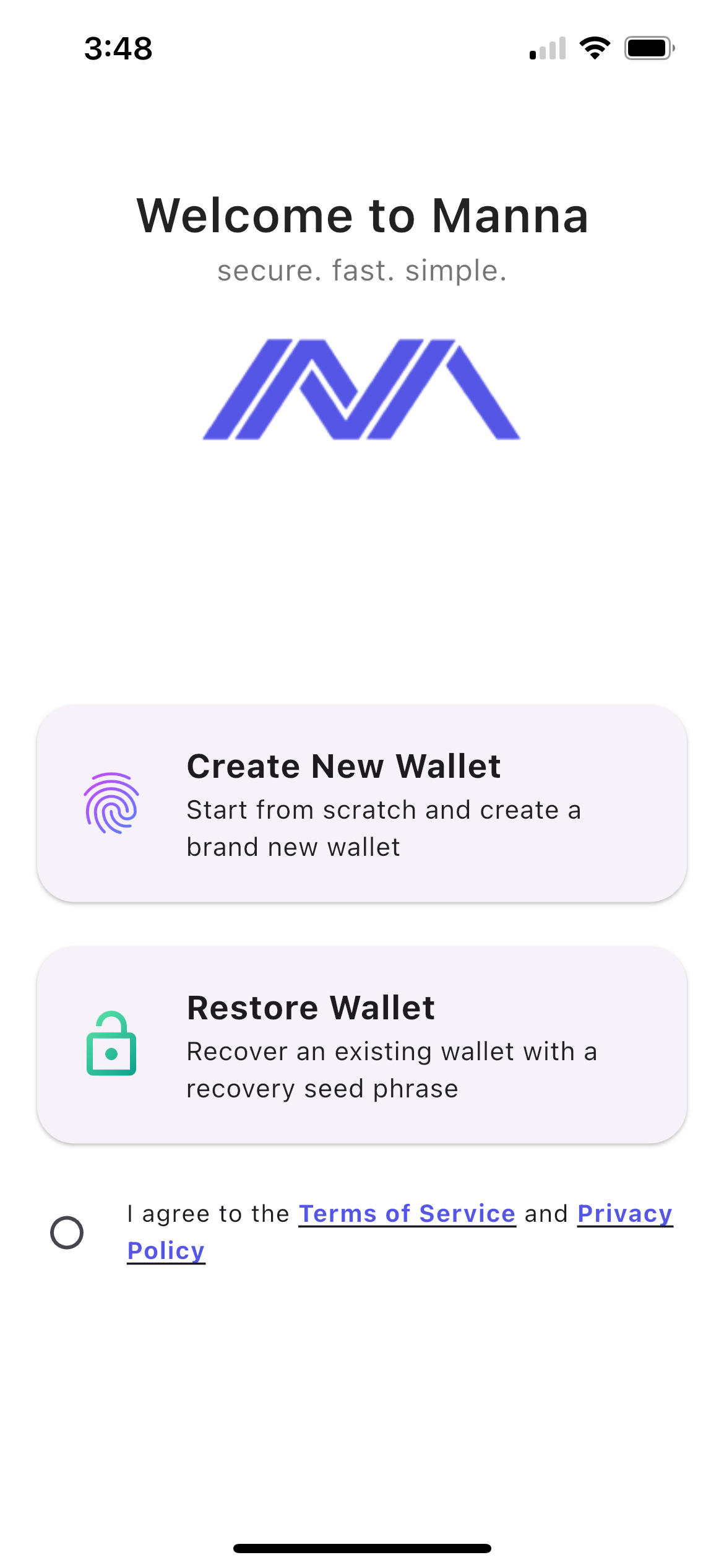 Manna Wallet Welcome Screen